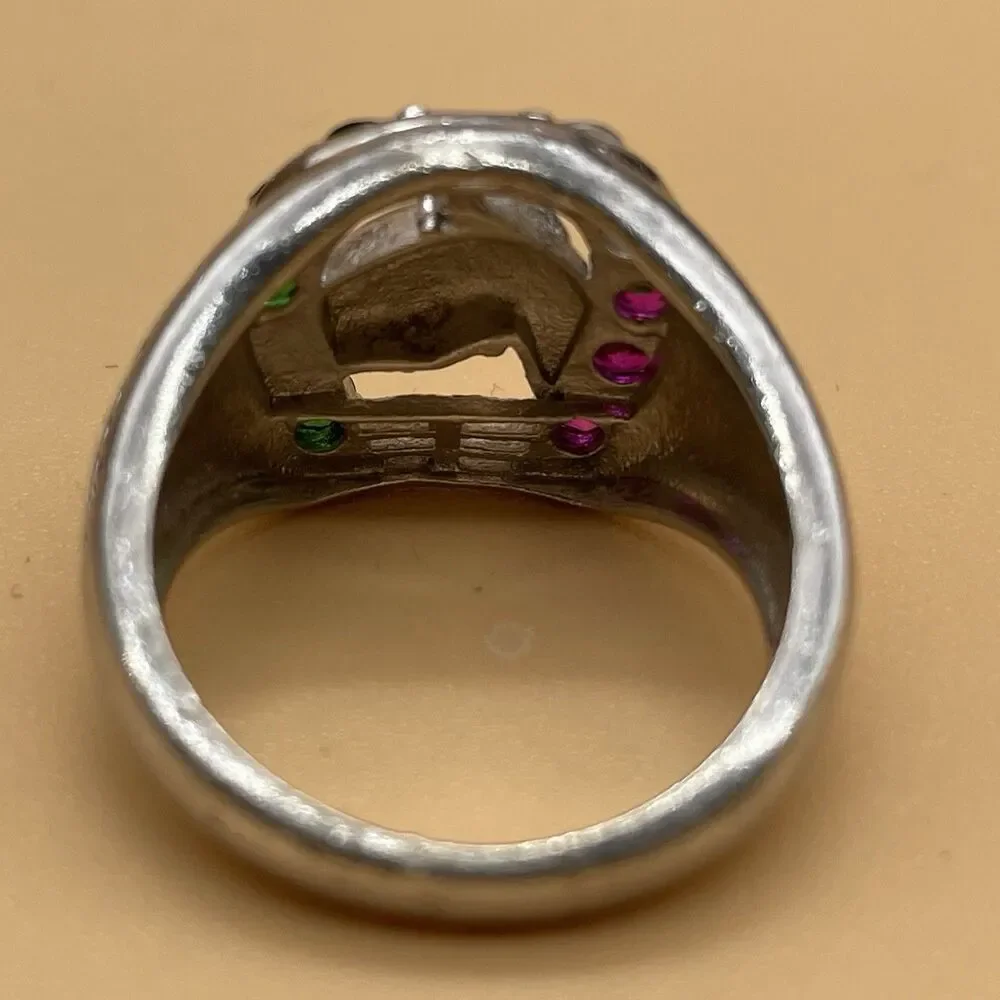 Horseshoe Ring Sterling Silver .925 Men’s Size 8 Red Ruby White Green Glass